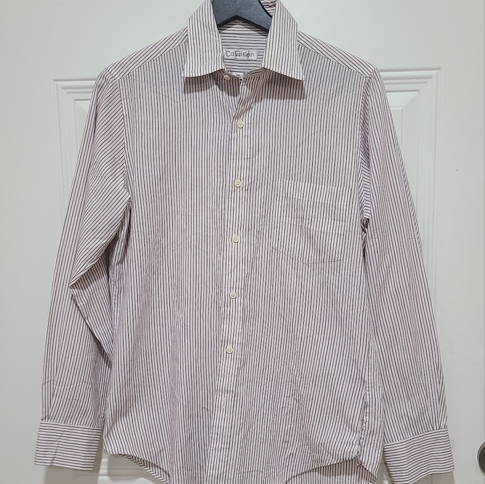 CK Calvin Klein 14 1/2 32/33 White Shirt Red Gray Stripes